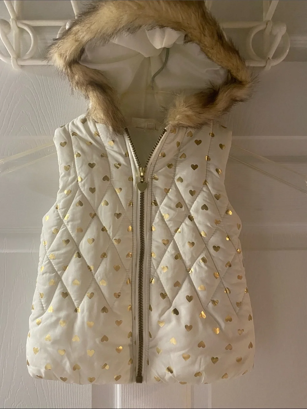 Flapdoodles Ivory Quilted Hooded Vest with Gold Heart Accents